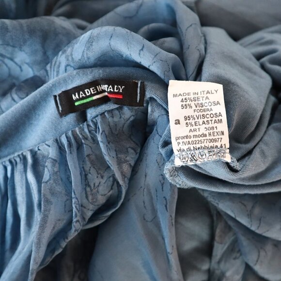 Made In Italy Blue Fleur Silk Blend Blouson Elastic Waist Dress Flowy Mini S M ? - Picture 5 of 5